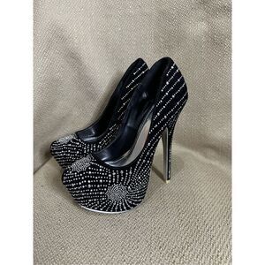 Shiekh Glitter Beads Black Silver Womens Heels Sz 7 Platform stiletto 6” Heel